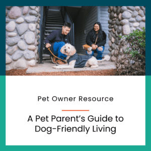 A couple and their poodle outside the steps of their apartment building